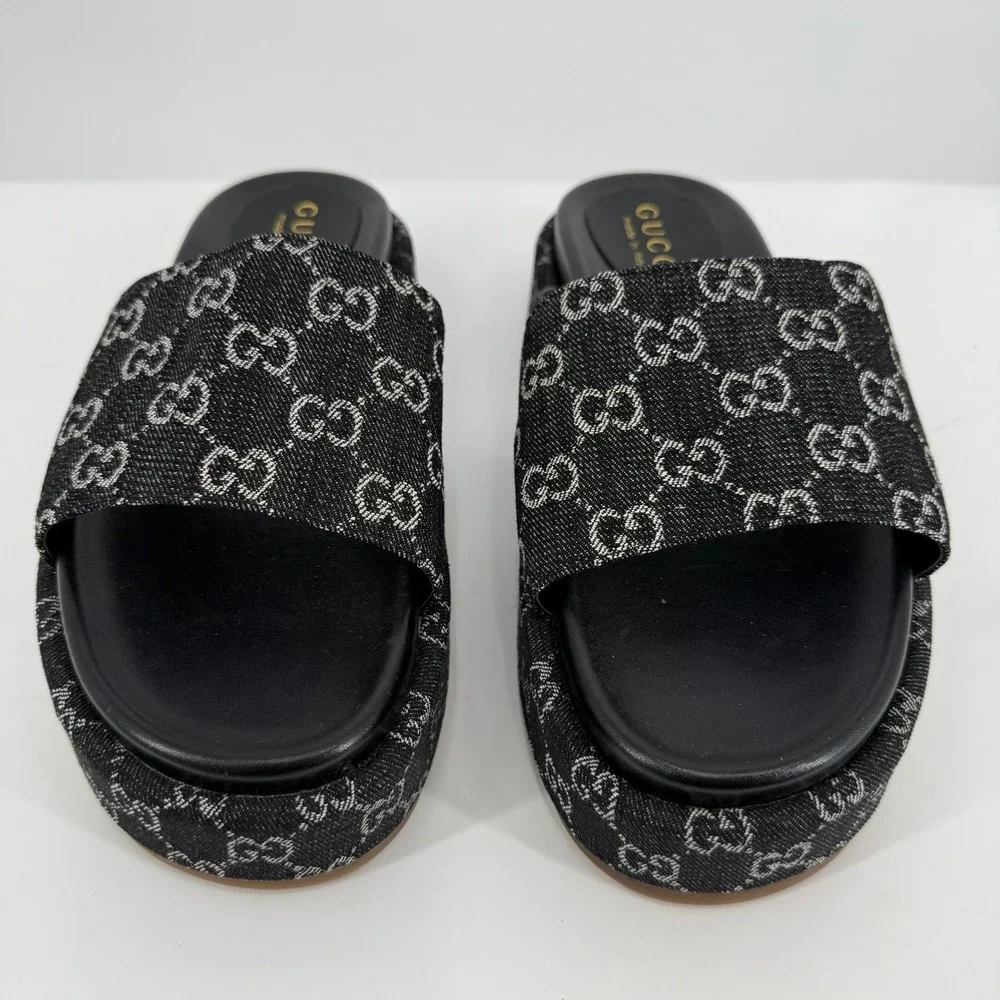 Gucci Platform Slides Womens 42/US 12 Black GG Monogram Denim Sandals Condition